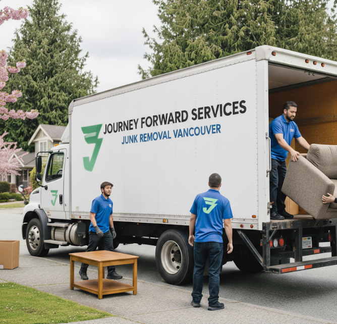 The JFS team smiling and working together on a Junk Removal Vancouver project. 