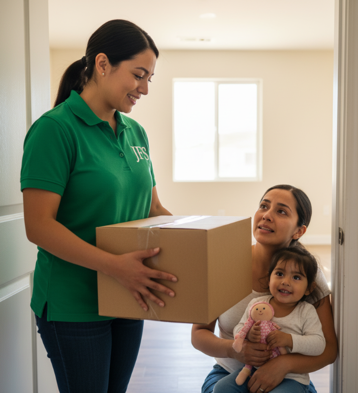 JFS team member giving a gift, symbolizing a new life beginning through supportive community and meaningful junk removal mission in Vancouver.
